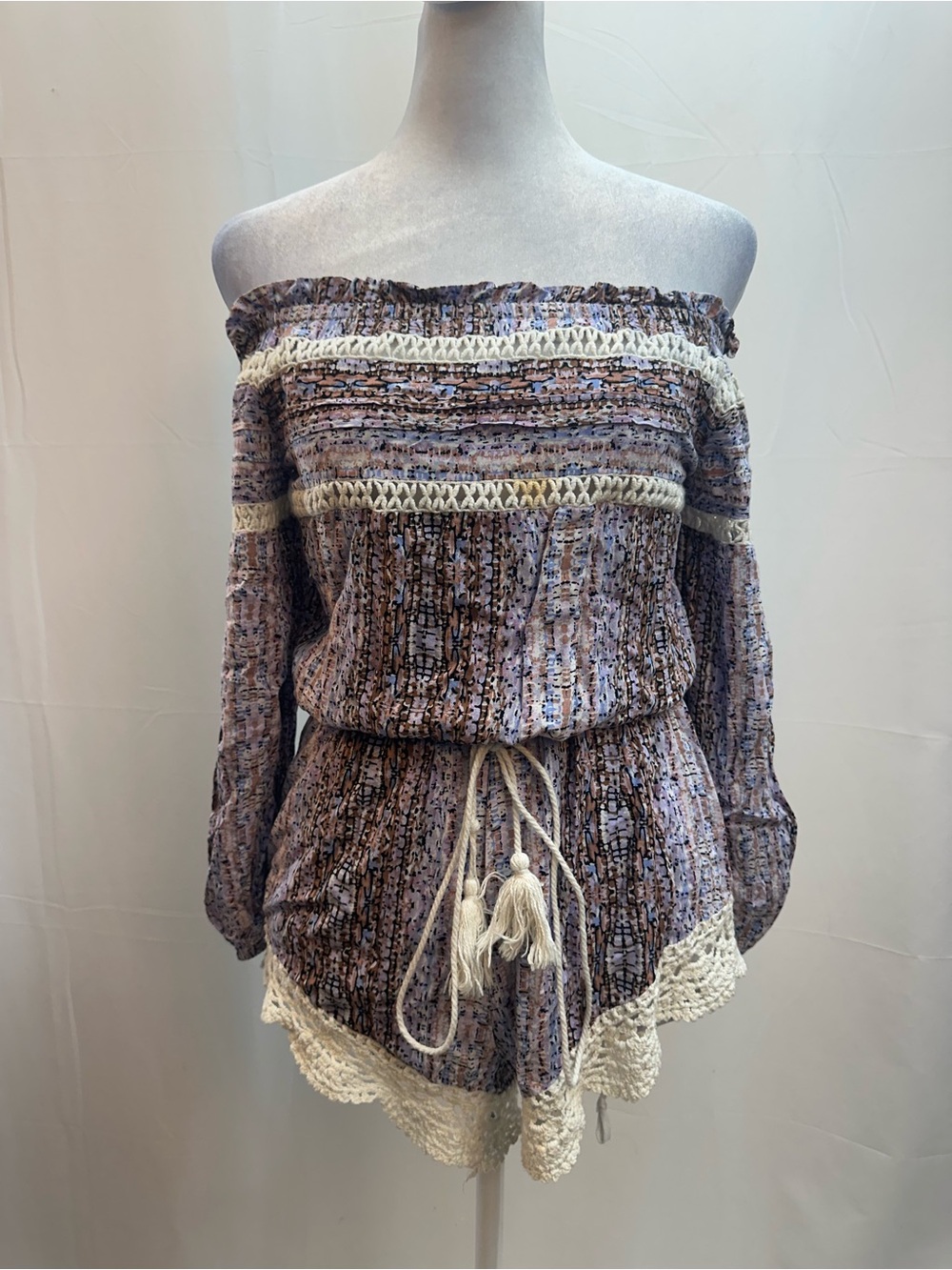 Rumor Boutique Off-Shoulder Crochet-Trim Romper in Lavender Gray XS